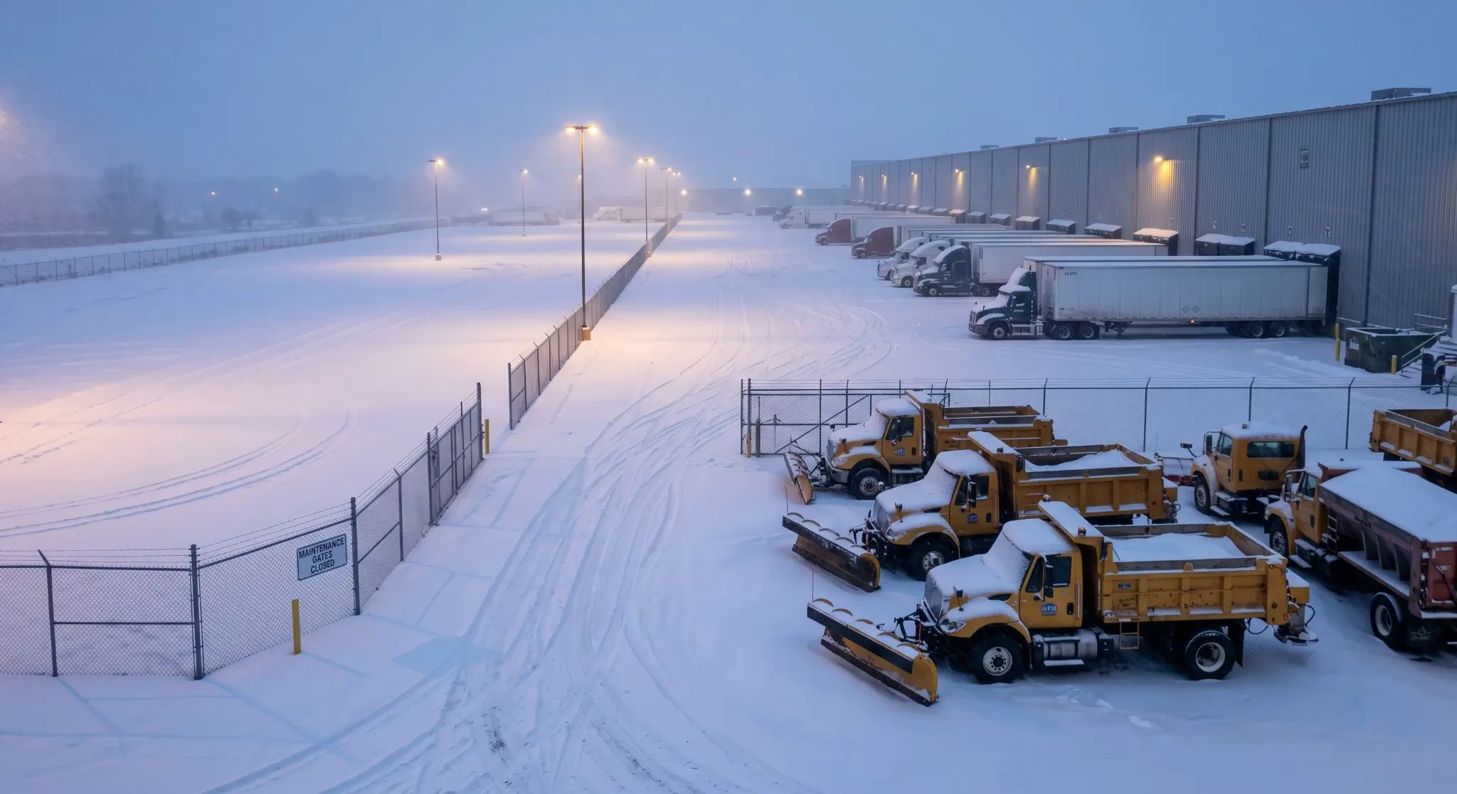 A fleet of snow plow trucks parked in a distribution centre yard at dawn, waiting on crews that are hard to staff.