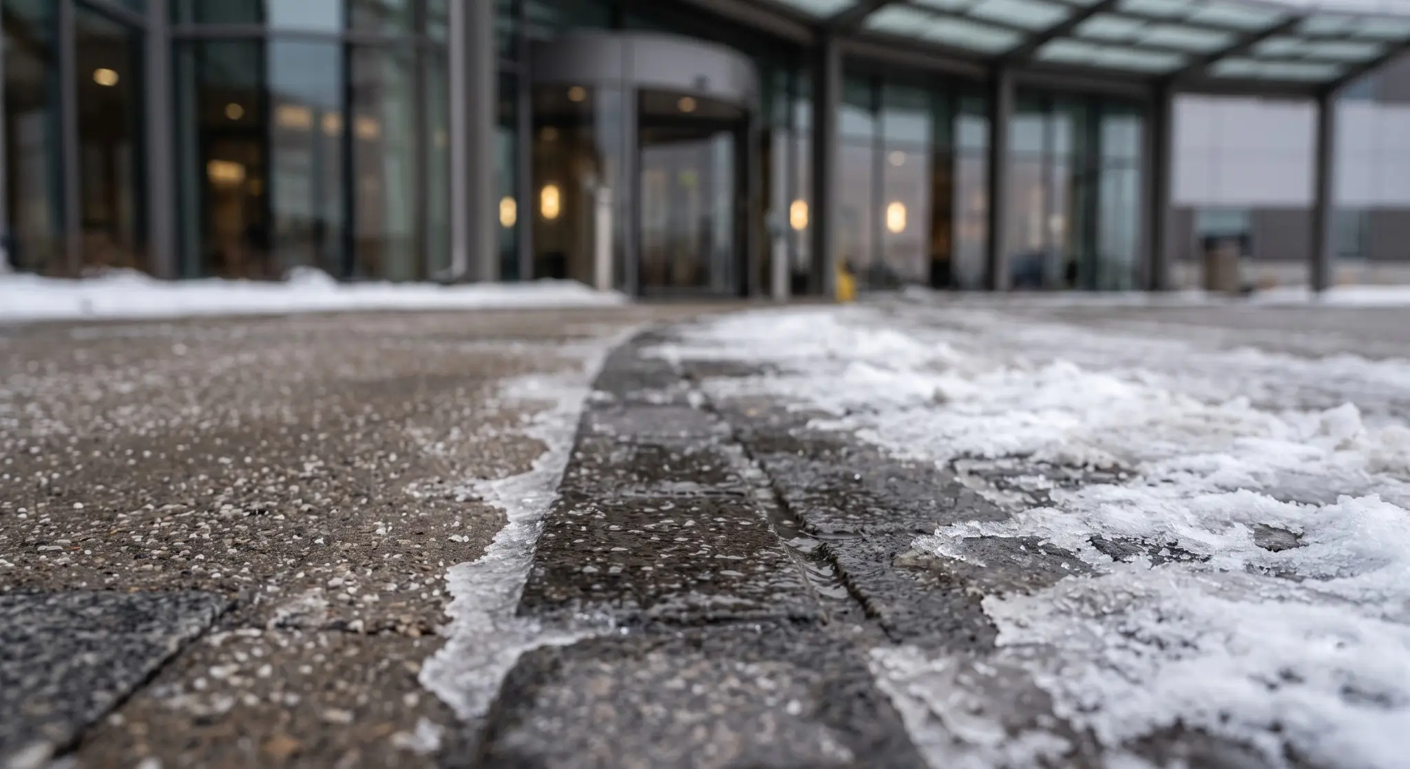 Melting snow and standing water across a paved walkway at a glass-fronted building entrance.