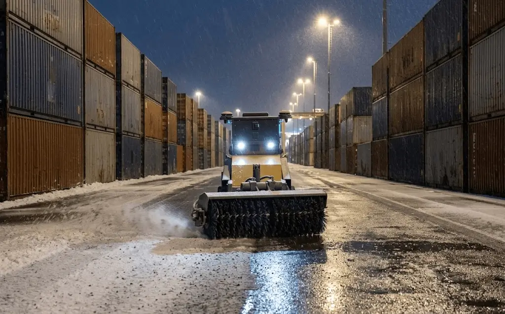 A SMUR X1 sweeping a wet roadway between stacked shipping containers at night with its headlights on.