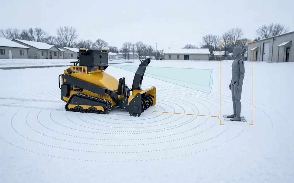 A SMUR X1 clearing snow with a blower while a projected safety zone marks a person standing clear of its path.